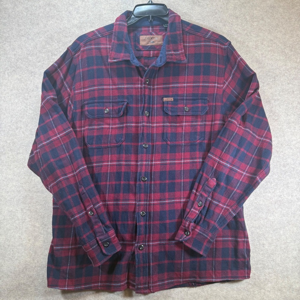 Orvis Heavy‎ Weight Flannel XXL Burgundy Navy Plaid Long Sleeve Cotton 1312517